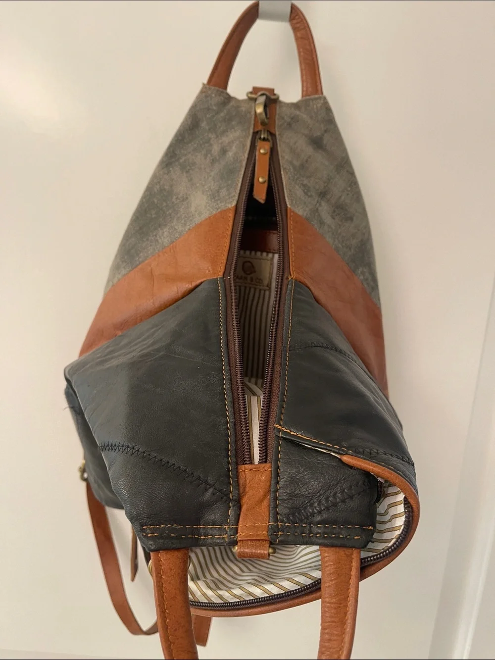 Black Leather Backpack with Brown Trim and Brass Accents